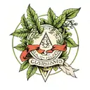 two laurel leaves left and right, triangle inside a circle, ribbon with name; GUARDIANS, outside the circle; Guardians tattoo design idea