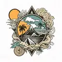 black tattoo triangle integrating waves palm trees mountains sun  tattoo design idea