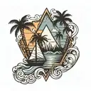 black tattoo triangle integrating waves palm trees mountains sun  tattoo design idea