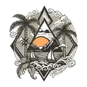 black tattoo triangle integrating waves palm trees mountains sun  tattoo design idea