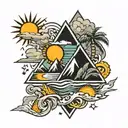black tattoo triangle integrating waves palm trees mountains sun  tattoo design idea