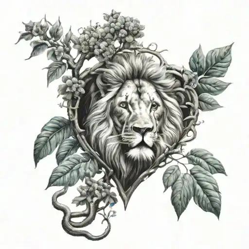 lion with heart with a poison tree growing inside tattoo design idea