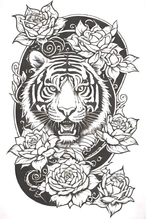 tiger, rose, lotus, king crown, crescent star 3D tattoo design idea