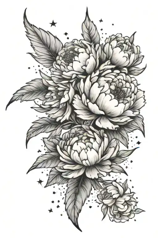 peonies, leaves, night sky, stars throughout tattoo design idea