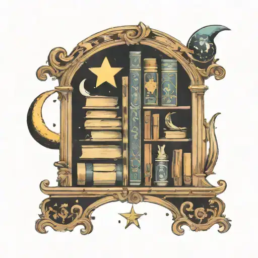 A celestial bookshelf filled with books that have moon and star motifs on the spines tattoo design idea