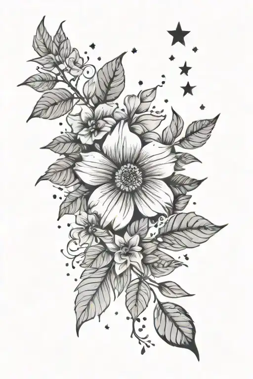 floral, leaves, night sky, stars scattered tattoo design idea