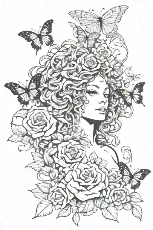 medusa with roses and butterflies tattoo design idea