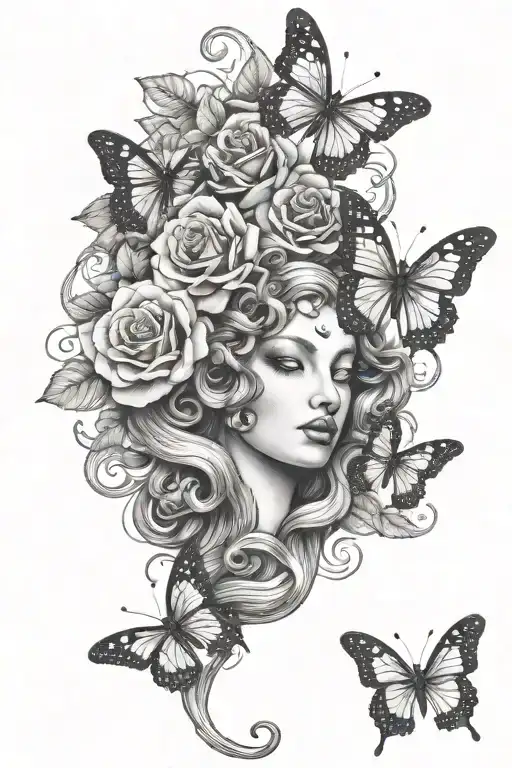 medusa snakes with roses and butterfly resting tattoo design idea