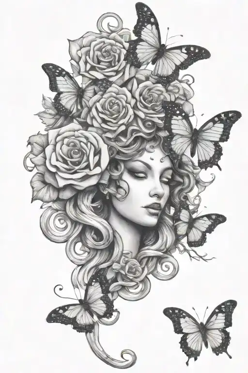 medusa with roses and butterfly resting tattoo design idea