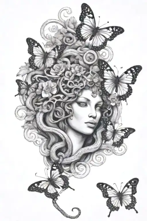 medusa snakes with butterfly tattoo design idea