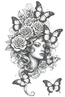medusa snakes with roses and butterfly resting tattoo design idea