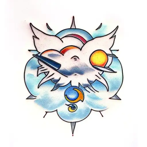 pin up with sun/moon cloud filler tattoo design idea