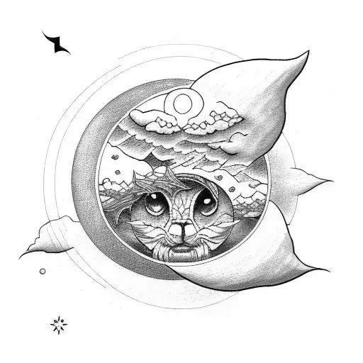 pin up with sun/moon cloud filler tattoo design idea