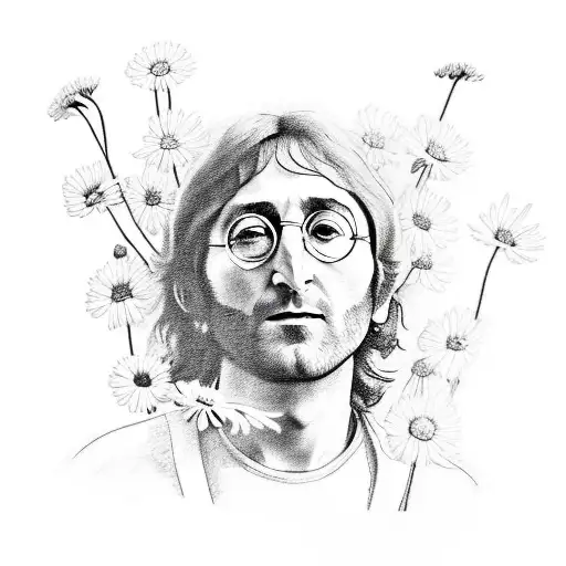 A sketch-style tattoo of John Lennon playing a guitar with a field of daisies in the background, representing the client's love for the Beatles and their passion for freedom. tattoo design idea