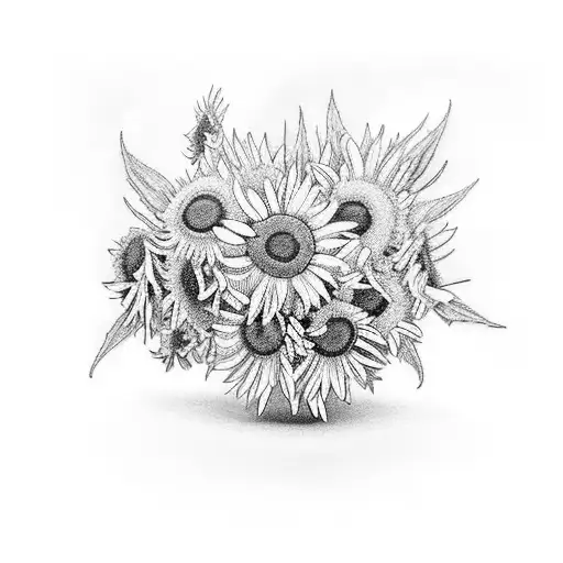 A surreal blackwork tattoo of the Beatles walking across a bridge made of daisies, symbolizing their journey towards equality and freedom. tattoo design idea