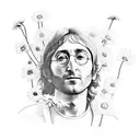 A sketch-style tattoo of John Lennon playing a guitar with a field of daisies in the background, representing the client's love for the Beatles and their passion for freedom. tattoo design idea