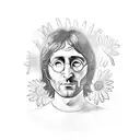 A sketch-style tattoo of John Lennon playing a guitar with a field of daisies in the background, representing the client's love for the Beatles and their passion for freedom. tattoo design idea