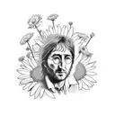 A sketch-style tattoo of John Lennon playing a guitar with a field of daisies in the background, representing the client's love for the Beatles and their passion for freedom. tattoo design idea