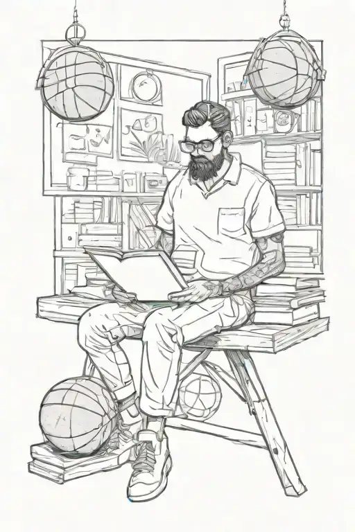 A trader reading a book with a basketball hoop in the background tattoo design idea