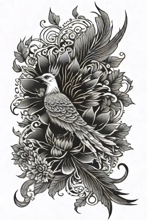phoenix bird, lotus flower blooming, sunflowers, night time, chinese tattoo design idea