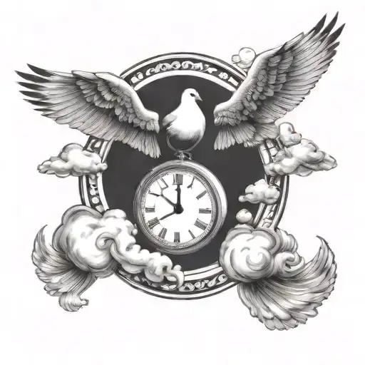 clouds with a dove a clock  tattoo design idea