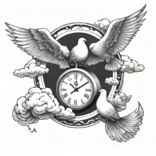  a lot of clouds with a dove a clock  tattoo design idea