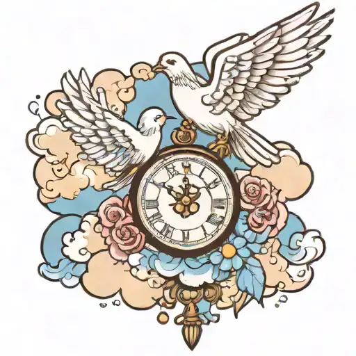 clouds with a dove a clock  tattoo design idea
