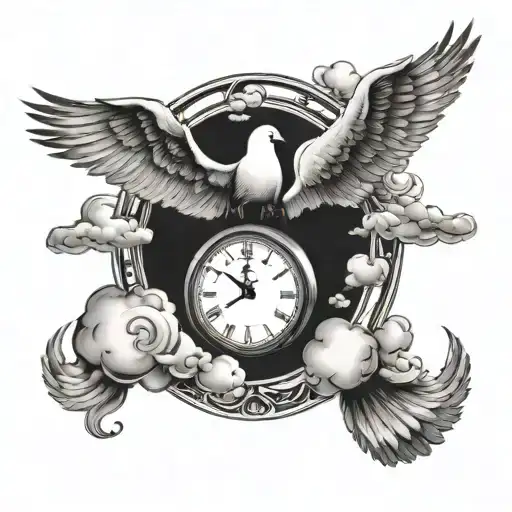clouds with a dove a clock  tattoo design idea