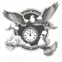 clouds with a dove a clock  tattoo design idea