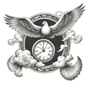 clouds with a dove a clock  tattoo design idea