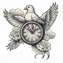dove with a clock surrounded by clouds  tattoo design idea