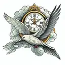 dove with a clock surrounded by clouds  tattoo design idea