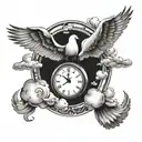 clouds with a dove a clock  tattoo design idea