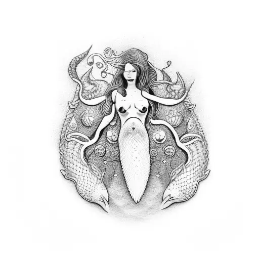 A dotwork representation of a cold water mermaid surrounded by nudibranchs tattoo design idea