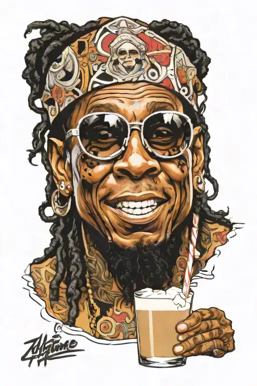 lil wayne head on big lebowski  body with white russian cocktail  tattoo design idea