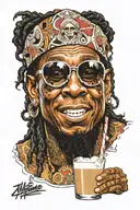 lil wayne head on big lebowski  body with white russian cocktail  tattoo design idea