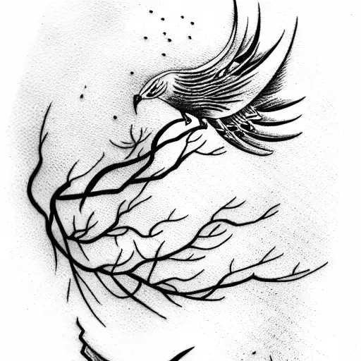 Old aged Phoenix sitting on a branch tattoo design idea