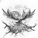Old, withered Phoenix sitting on a branch tattoo design idea