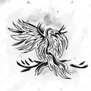 Old, withered Phoenix sitting on a branch tattoo design idea