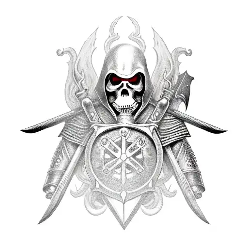 Grim reaper holding a shield and sword, standing in front of a backdrop of a burning longship tattoo design idea