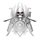 Grim reaper holding a shield and sword, standing in front of a backdrop of a burning longship tattoo design idea