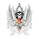 Grim reaper holding a shield and sword, standing in front of a backdrop of a burning longship tattoo design idea