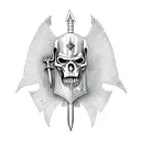 Grim reaper holding a shield and sword, standing in front of a backdrop of a burning longship tattoo design idea