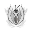 Grim reaper holding a shield and sword, standing in front of a backdrop of a burning longship tattoo design idea