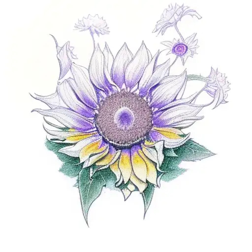 Single card of ace of spades surrounded by violet, primrose, sunflowers as well as some chrysantemum flowers tattoo design idea