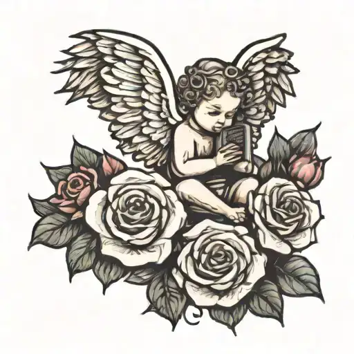baby angel with roses around with a bible verse at the top tattoo design idea