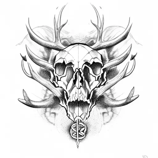 a sleeve tattoo of a Bear skull with antlers and ygdrassil., norse and celtic inspiration tattoo design idea