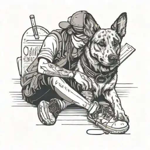 A student studying with a loyal dog by their side, surrounded by softball equipment tattoo design idea