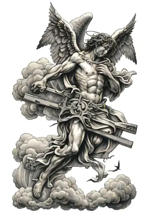 falling angel olding a heart in his hand and in the other he holds a cross . Clouds in the back  tattoo design idea