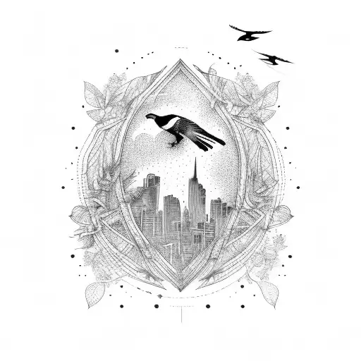 skyline with birds tattoo design idea